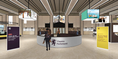 Ontwerptekening van de balie in het vernieuwde bezoekerscentrum van het Vlaams Parlement